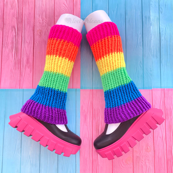 Neon Rainbow Striped Crochet Flared Leg Warmers - Y2K Cyber Rave Wear by  VelvetVolcano