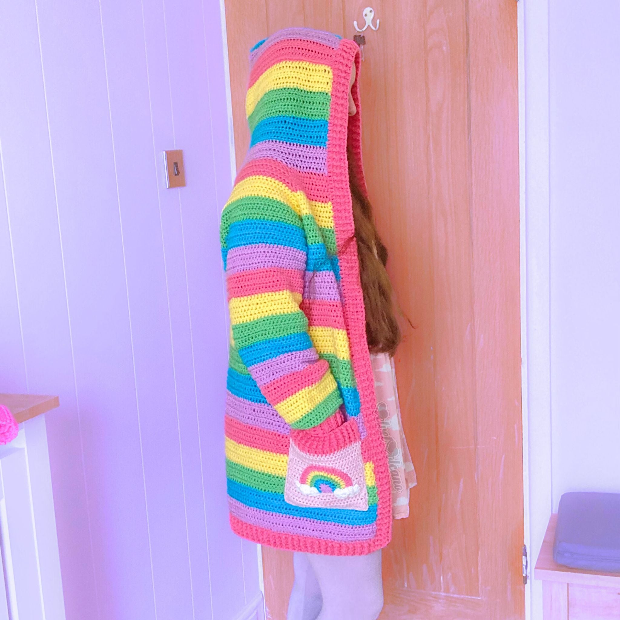 Pastel Rainbow Striped Crochet Hooded Cardigan with Cloud Pockets by VelvetVolcano