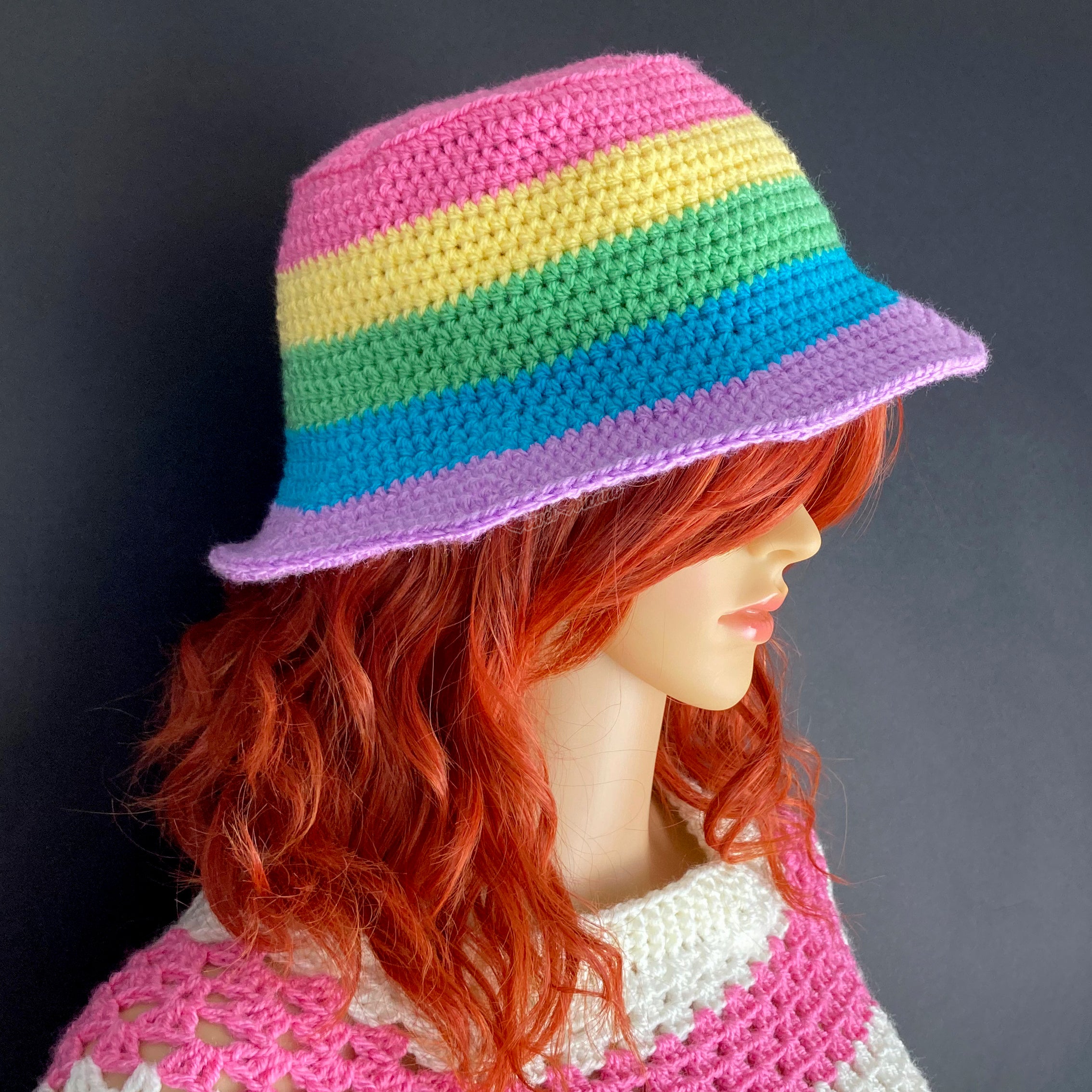Crochet Hat with Multicolored Stripes, Trendy Summer Fashion Beach